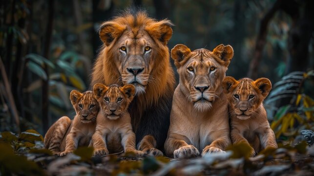 In a forest, a lion family with a male, lioness, and two cubs are together. Cubs lean on parents while the male lion eyes the camera