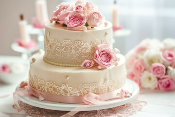 A birthday cake with a tiered design and edible lace or ribbon as decorations