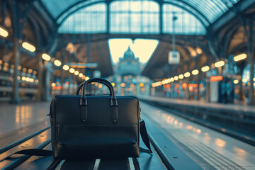 Black briefcase sitting on empty bench in train station