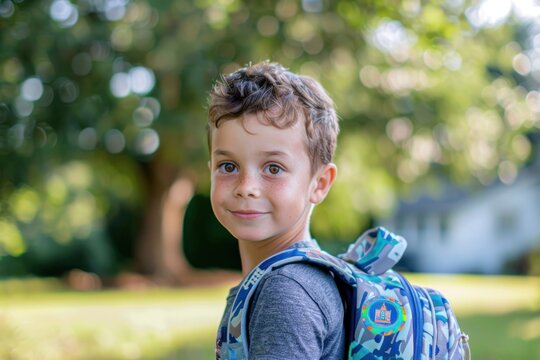 A child posing for a photo with their backpack on the first day of school