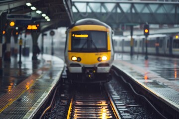 A close-up of a commuter train arriving at a platform