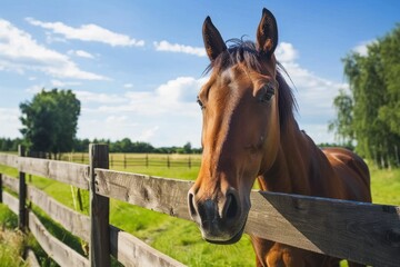 The horse is standing behind a wooden fence in a sunny, open field with a clear blue sky and a few clouds