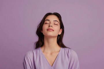 Fototapeta premium A serene woman wearing a light purple blouse is seen meditating or reflecting peacefully