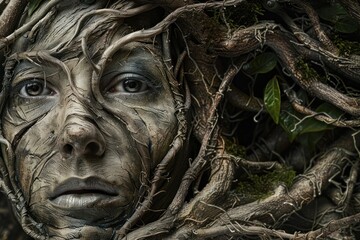 A fantastical, artistic representation of a woman whose face and upper body seamlessly blend with nature