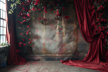 Maternity backdrop, wedding backdrop, photography background with delicate flowers and vintage wall.