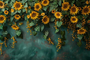 Maternity backdrop, wedding backdrop, photography background with delicate sunflowers and green vintage wall.