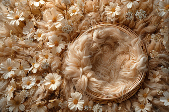 Digital background for newborn photos with empty fluffy round Moses' bed.