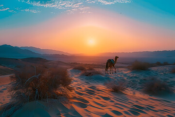 Peaceful morning desert scene on eid al-adha, as sunrise casts gentle glow over horizon, evoking calmness and tranquility