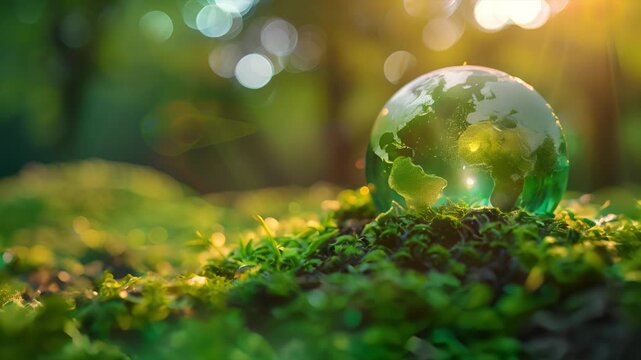 Crystal globe on green moss, ESG co2 emission Environment Social and Governance, World sustainable environment, business investment fund.