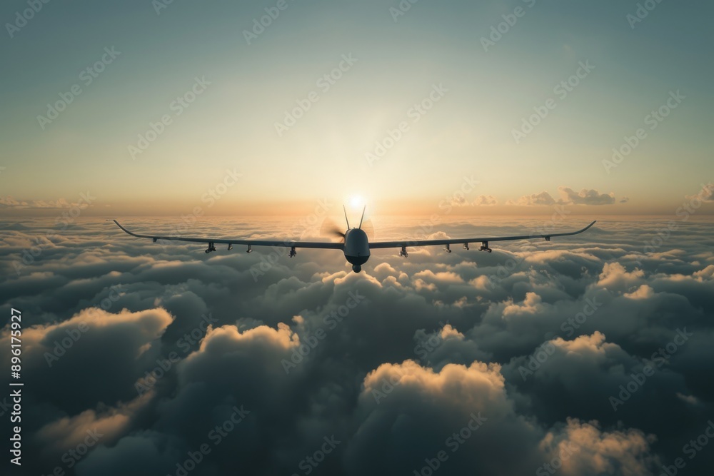 Poster a plane soaring through the sky at sunset with the clouds in the background