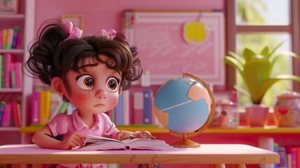 A cute girl in a pink outfit is sitting at a study table, flipping through a book and glancing at an educational globe, her face full of curiosity.