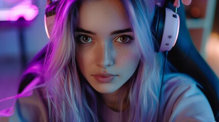 Fototapeta premium portrait of a female professional esport streamer girl sitting in her chair