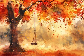 A single-person swing hangs from a tree branch in a natural setting