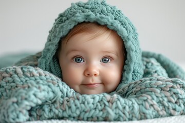 Portrait of a happy smiling baby in a green fluffy hood isolated on a white background.