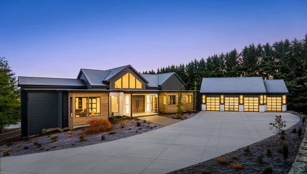 New Contemporary Style Luxury Home Exterior at Twilight