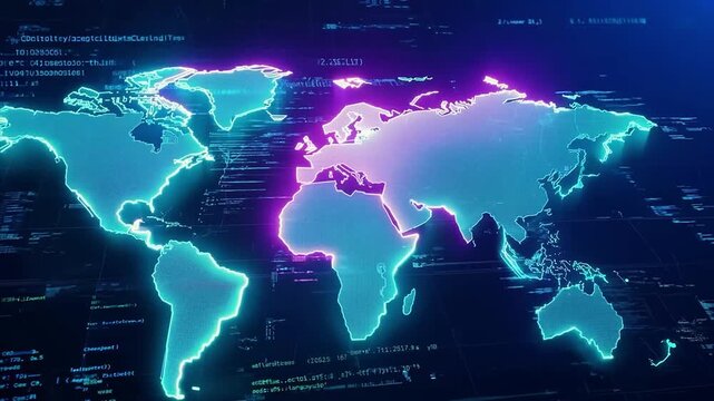 Business finance big data analytics, futuristic world map, computer coding AI marketing plan, company information data, earning graph chart company valuation calculation.