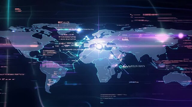 Business finance big data analytics, futuristic world map, computer coding AI marketing plan, company information data, earning graph chart company valuation calculation.