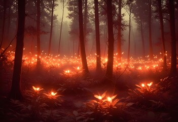 Obraz premium A firefly lighting up the dark underbrush of an enchanted elven fairy tale fantasy forest at night.
