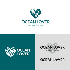 Ocean Heart Vector Logo Flat Symbol. Water Wave Love Concept.