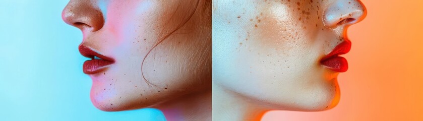 Close-up portrait of a woman's face with colorful lighting.