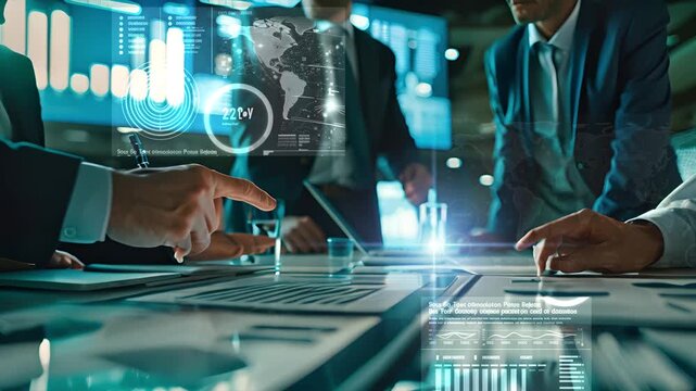 Business finance big data analytics, group of people brainstorm discussing meeting marketing plan, company information big data, earning graph chart company valuation calculation global world map