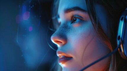 Close-up portrait of a young woman wearing headphones, illuminated by blue light.  She looks intently at something off-screen.