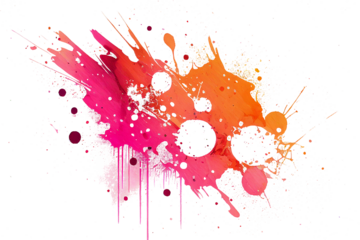 Multicolored pink and orange abstract paint splash with drips isolated on transparent background, png file.