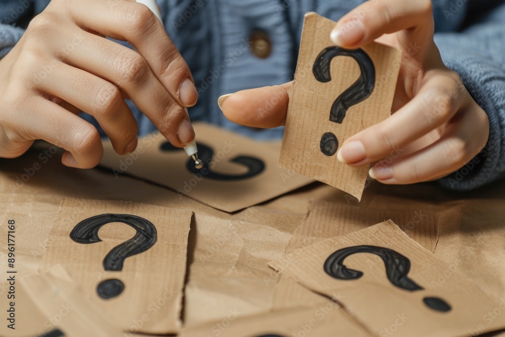 Poster A person holds a piece of paper with question marks, perfect for illustrations about curiosity, seeking answers or exploring the unknown