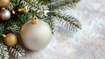 A white ornament with a gold center sits on a tree branch