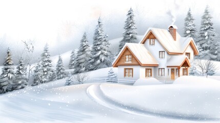 A house with a chimney and a white roof sits in a snowy landscape