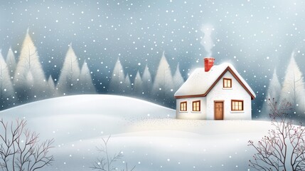 A white house with a chimney and a snow covered hill in the background