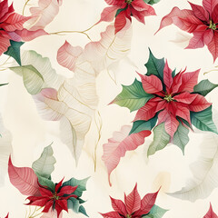 Delicate, dreamy vintage watercolor illustration of a poinsettia pattern background, generative ai