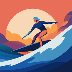 Surfer riding the wave in minimalist style illustration with vibrant flat colors