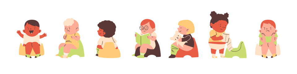 Cute baby boys and girls sitting on the potty vector set, cartoon angry and smile toddler learning to use potty, hygiene