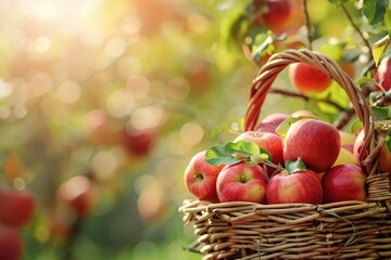 Basket of ripe apples in orchard, sunny day, banner with copy space