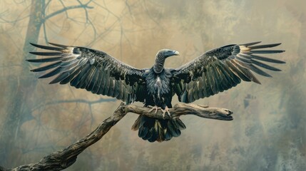 Obraz premium Black Vulture with Spread Wings on a Branch