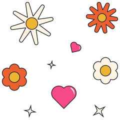 Groovy stickers set with flowers, stars, and hearts.