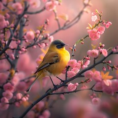 Yellow Bird Perched on Pink Blossom Branch