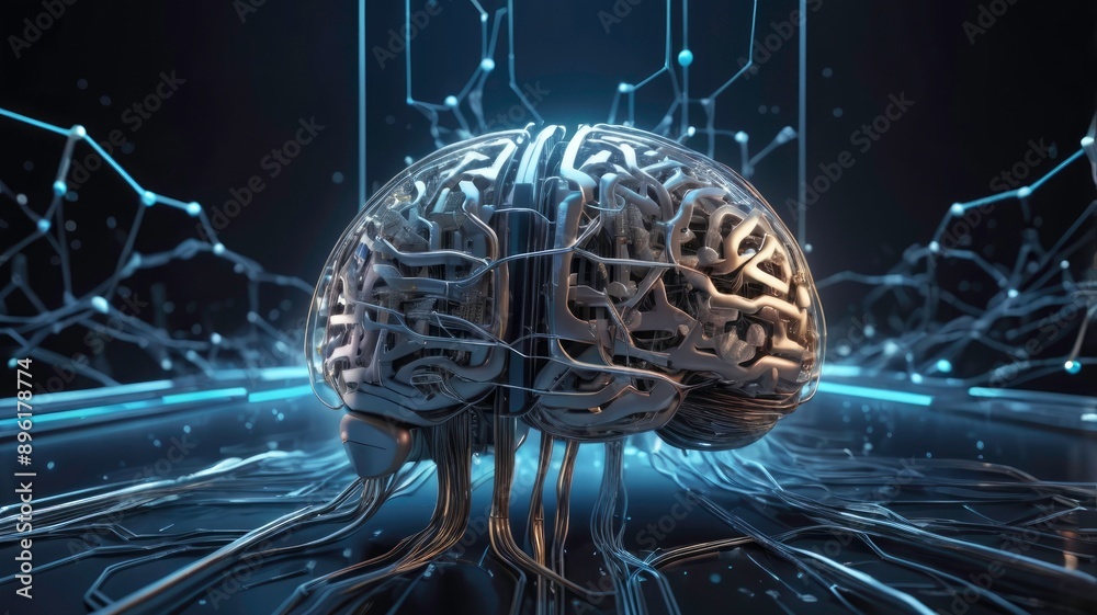 Sticker cyber brain and neural circuit in quantum computing, symbolizing ai and machine learning.