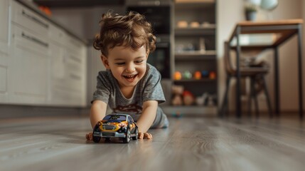 A happy boy in a gray shirt is pushing a toy car across the floor, making it zoom with a look of joy and concentration. The soft gray background provides a calm and focused environment for his play