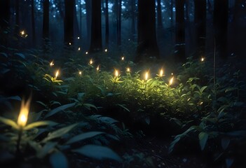 Obraz premium A firefly lighting up the dark underbrush of an enchanted elven fairy tale fantasy forest at night.