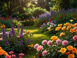 Fototapeta premium Colorful flowers and butterflies in a serene garden setting.