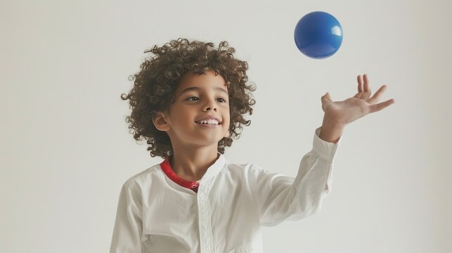 A happy boy in a white shirt is tossing a red and blue ball into the air, his eyes sparkling with joy.