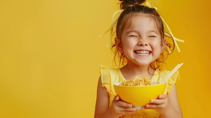 A happy young girl in a yellow dress is holding a bowl of noodles with chopsticks, smiling widely as she takes a big bite. 
