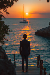 Businessman enjoying sunset over sea after work