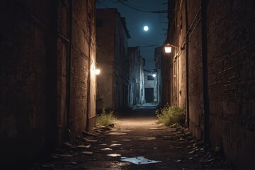 Dark, urban alleyway with lights and a visible full moon