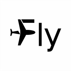 "Fly" text logo design with an airplane symbol on the letter F.