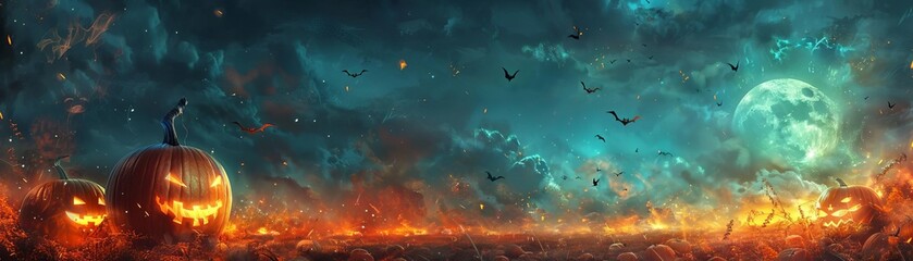 Fototapeta premium Enchanted pumpkin patch with glowing pumpkins of various sizes, surrounded by swirling mist and fireflies, under a twilight sky filled with flying bats