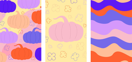 Set of colorful Halloween posters. Prints and backgrounds in Y2k style. Floral pattern, wavy background and abstract pumpkin. Modern fashion templates. Vector. Bright purple and orange colors.