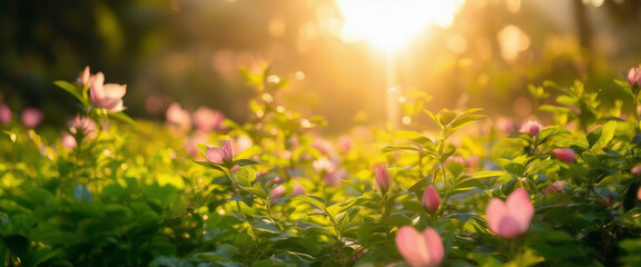 Flowers in the meadow. Magical panorama of flower meadow. Meadow flowers in the morning at sunrise. Selective focus. AI generated